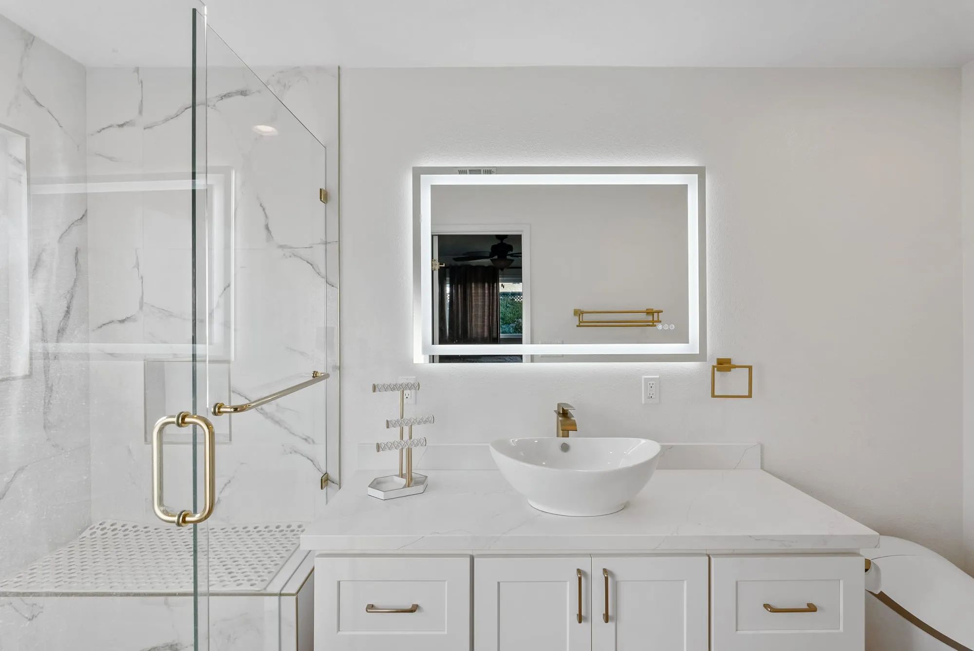 bathroom vanity and shower