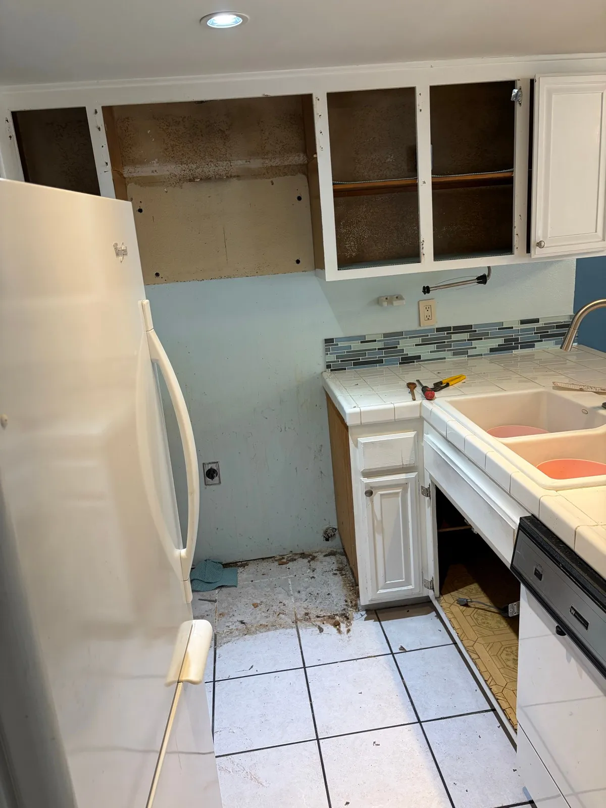 Original cabinet boxes exposed during demolition before the new cabinetry went in