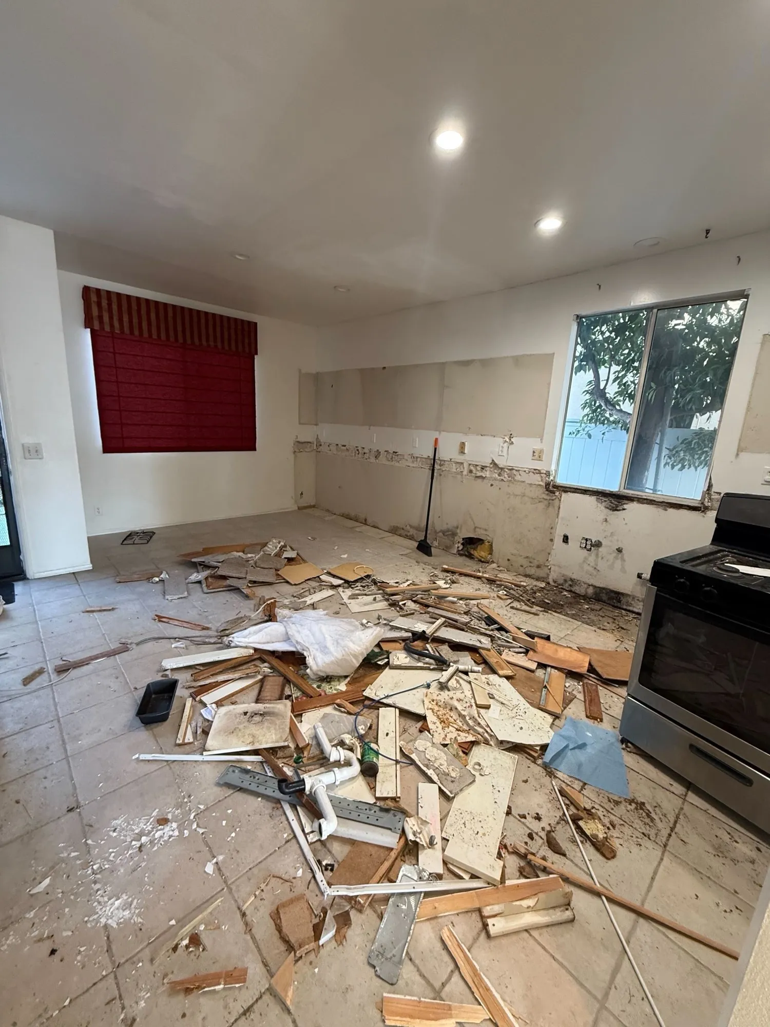 The old kitchen mid-demolition, cabinets already out and the room stripped to the walls