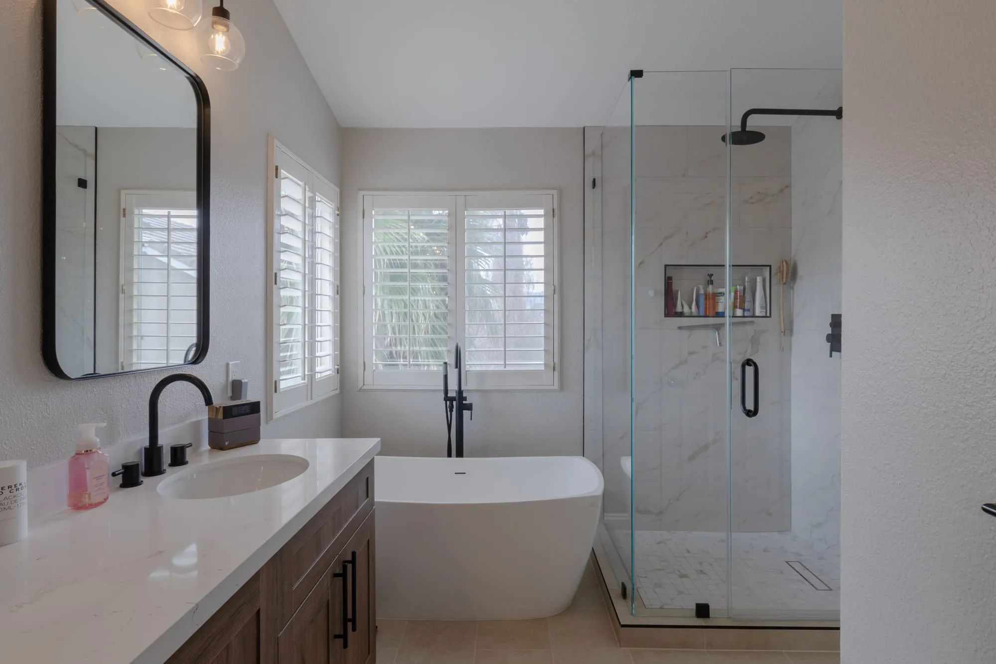 Vanity run and the glass shower behind it