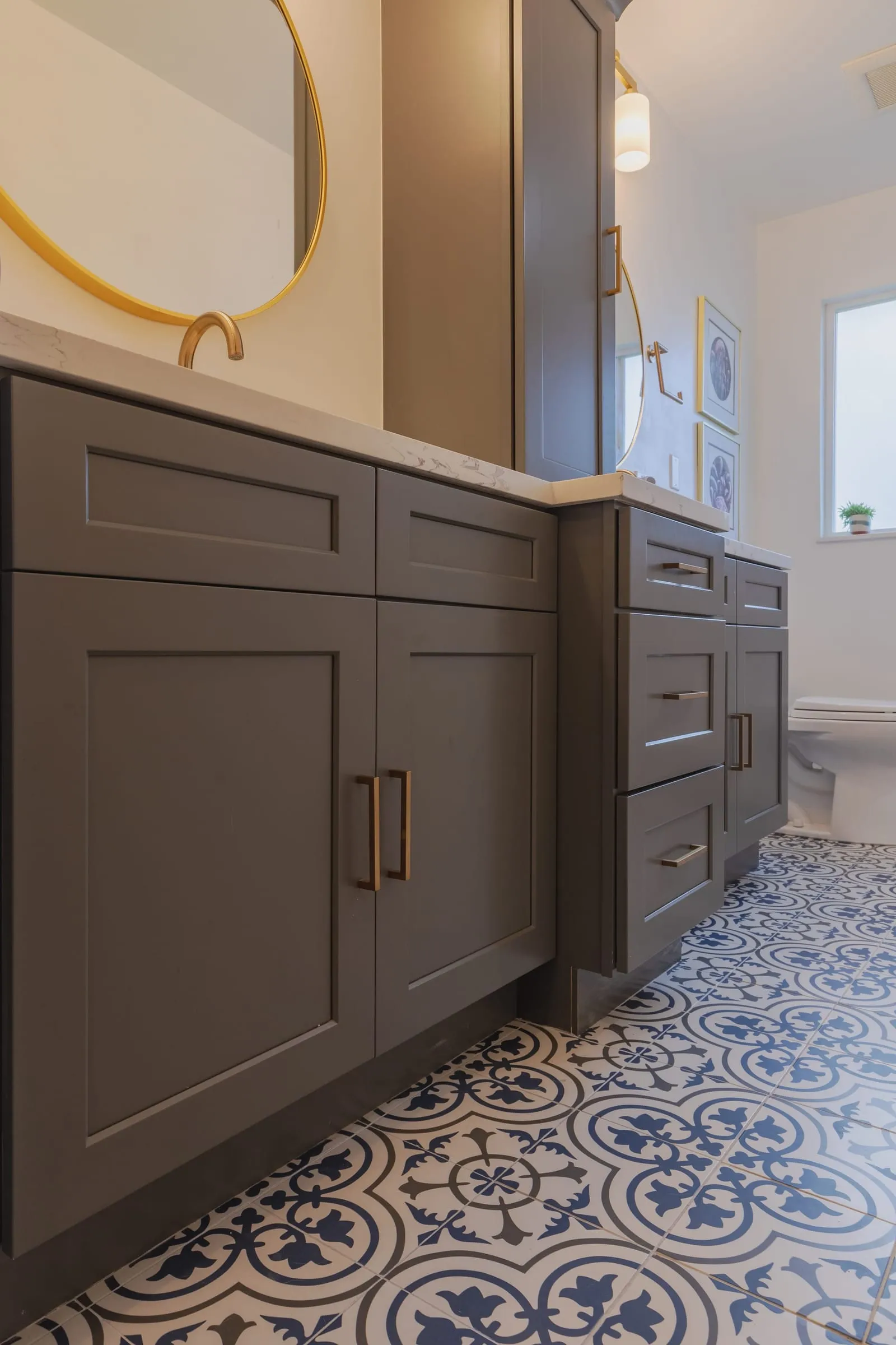 Shaker vanity doors and drawers with brass pulls