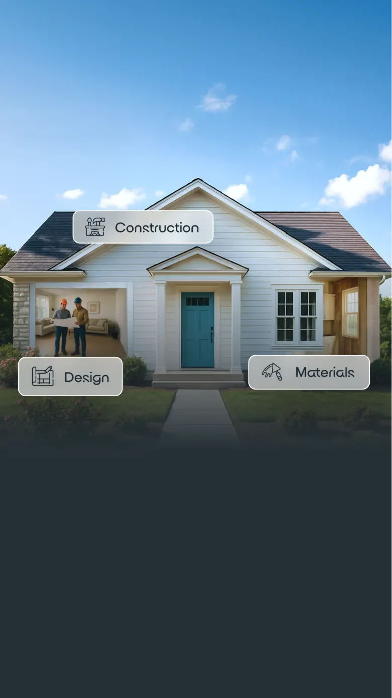 Design, Construction, and Materials — all under one roof. A single-family home with the three pillars of Design Onn Point shown across it.